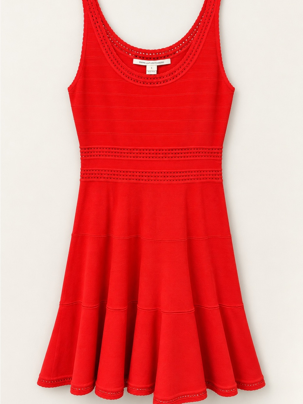Diane von Furstenberg Red Knit Fit & Flare Dress Crochet Detail Size S
